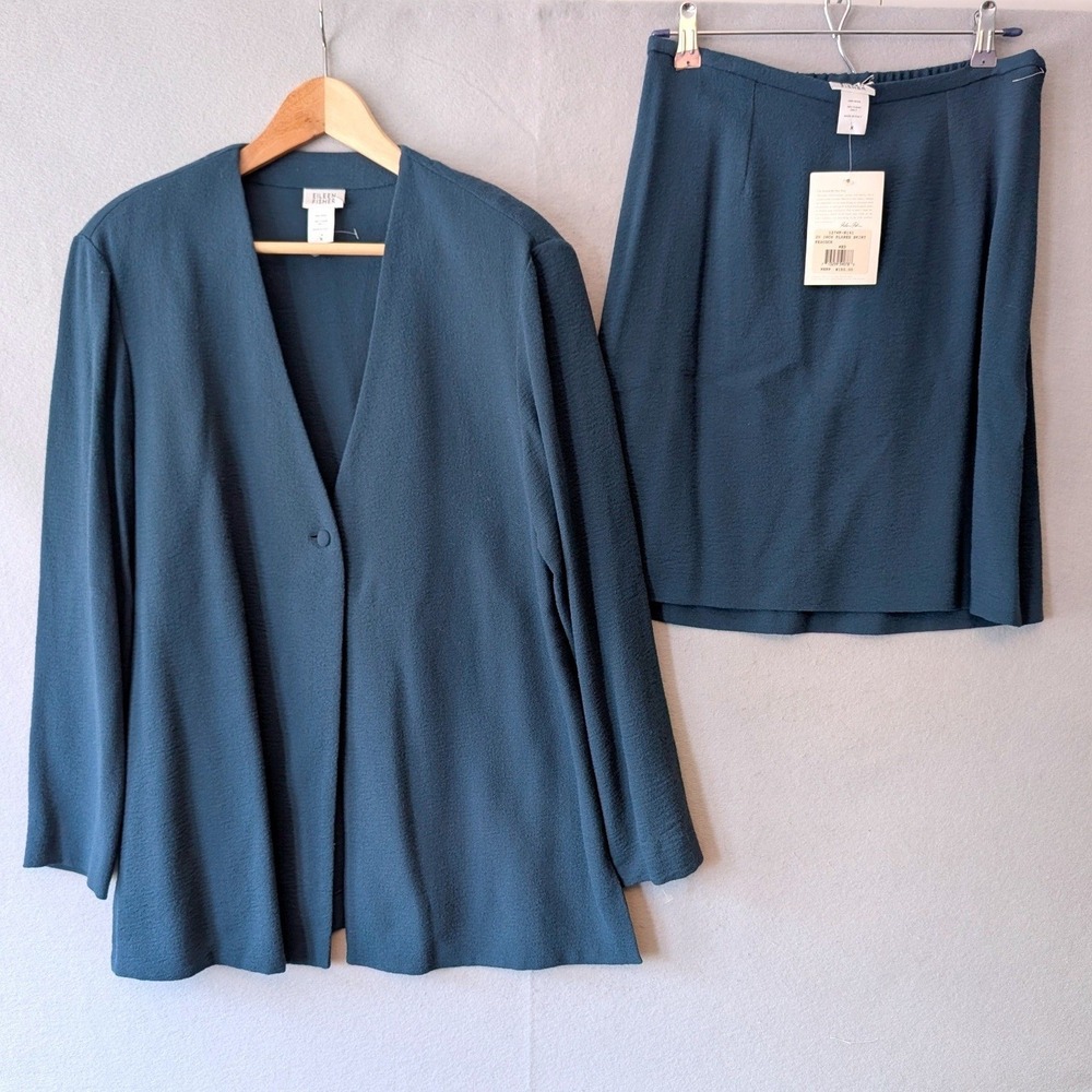 NEW Vtg Eileen Fisher Skirt Suit Set Peacock Blue Wool Crepe Midi Medium Italy